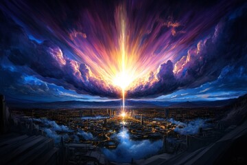 Obraz premium Futuristic depiction of a utopian society where all technology and people are unified by a single energy source, representing monismâ€™s central theme of oneness