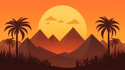 2D flat vector of a prehistoric landscape with volcanic mountains and palm-like trees in a minimalistic design