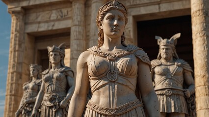 Fototapeta premium Sculpt Athena standing alongside the guardians of Athens, set against a prosperous ancient city and peaceful citizens, symbolizing the power of wisdom and protection.