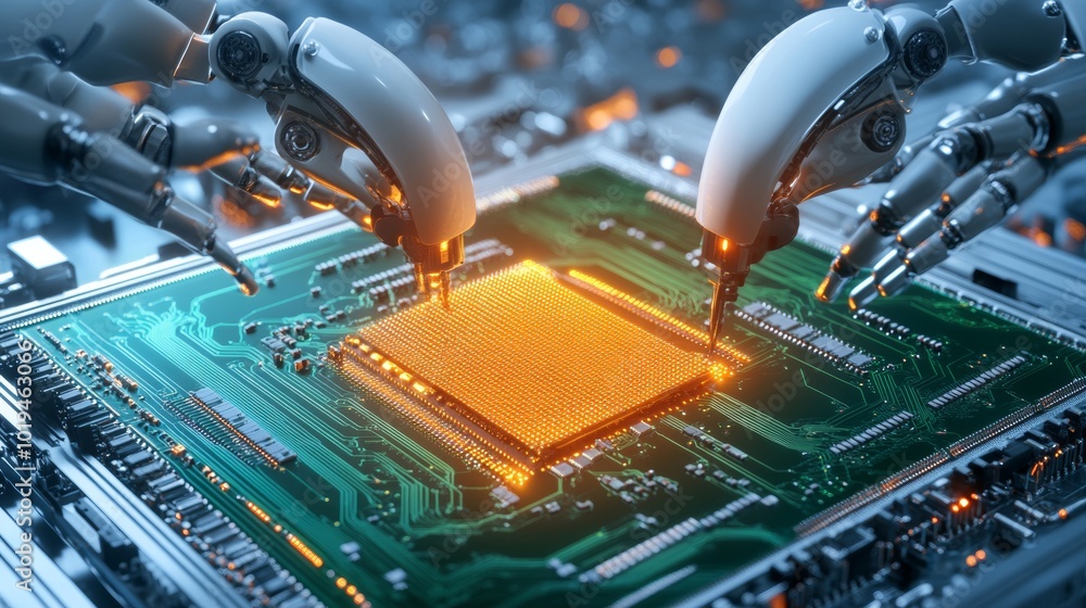 Aufkleber robotic arms installing microchip on circuit board futuristic technology concept
