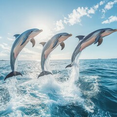 Fototapeta premium Dolphins Leap: A trio of graceful dolphins soar through the air, their sleek bodies illuminated by the sun's warm rays. A breathtaking display of nature's agility and beauty.