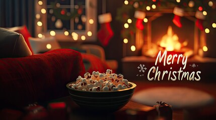 a bowl of popcorn. The atmosphere is relaxed and festive."Merry Christmas" written in a playful font on a backdrop of a Christmas movie night, with a cozy living room, a crackling fireplace.