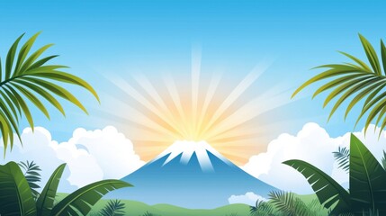 Fototapeta premium Flat 2D vector of a Jurassic landscape with volcanoes and tropical plants under a bright blue sky