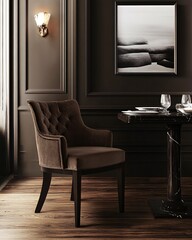 A brown upholstered dining chair with a tufted back sits on a hardwood floor in a dimly lit dining room.
