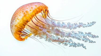 A Close-Up of a Golden Jellyfish with White Spots and Long Tentacles