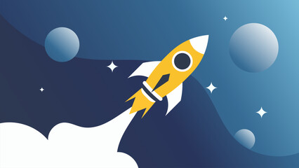 Minimalist Rocket Launch with Planet and Stars in Outer Space