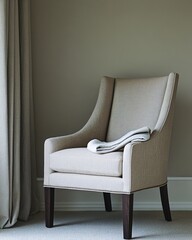 A comfortable beige armchair with a folded throw blanket.