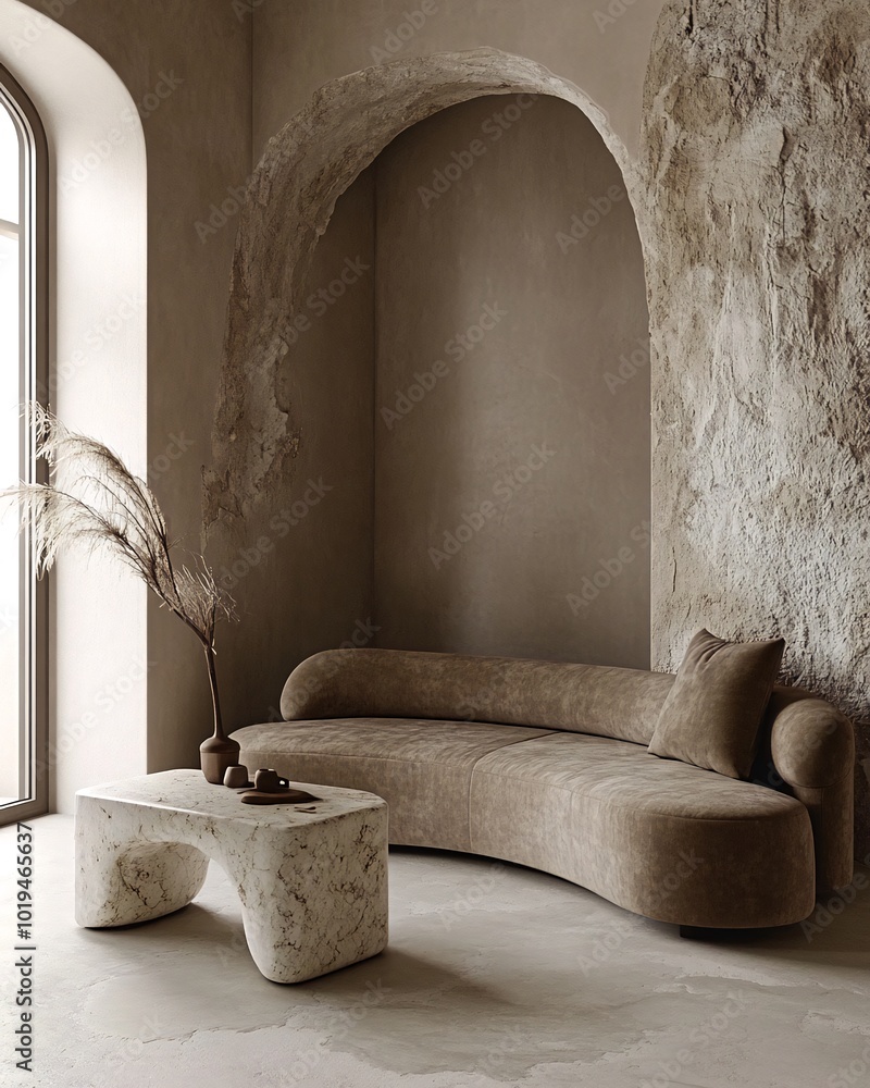 Aufkleber a curved sofa sits in front of an arched window and a textured wall.