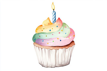Delightful watercolor illustration of cupcake with rainbow frosting and candle, perfect for celebrations and sweet moments