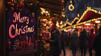 "Merry Christmas" written in a playful font on a backdrop of a bustling Christmas market, with colorful stalls, twinkling lights, and people shopping. The scene is lively and festive.