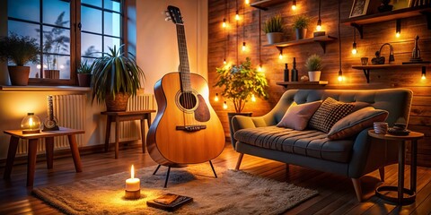 Vibrant Acoustic Guitar in a Cozy Studio Setting with Warm Lighting and Musical Accessories Nearby