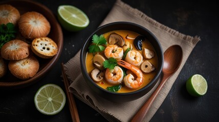 A bowl of Thai tom kha gai soup with shrimp, mushrooms, and lime wedges on a dark wooden background.