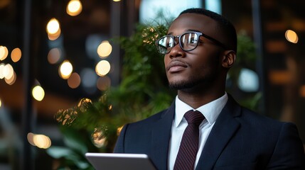 Smart Businessman. A well-dressed businessman looking confidently into the distance, holding a tablet, representing leadership and technology.