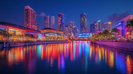 Naklejka premium Nighttime Skyline Reflection in City Waterway