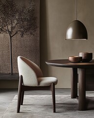 A minimalist dining room with a wooden table, chairs, and a hanging light fixture.