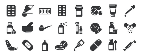 Medical drugs glyph solid icons collection. Containing pharmacy, pill, prescription, health. Minimal icon and symbol series vector illustration