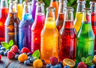 Vibrant and Colorful Assortment of Fruity Soda Flavors in Bottles on a Bright Background