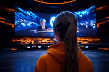 Realistic depiction of a student attending a global conference via hologram, interacting with thought leaders from around the world, showing the interconnectedness of tomorrow's education