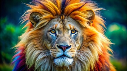 Obraz premium Vibrant and Colourful Lion Portrait Showcasing Majestic Features and Strikingly Bright Mane Colors