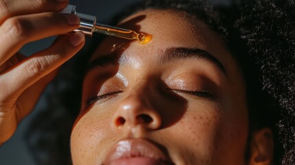 A woman gently applying face serum, hands holding the dropper. for skincare advertising.