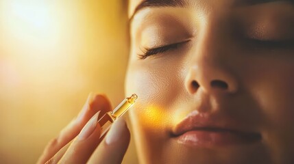 Obraz premium A woman gently applying face serum, hands holding the dropper. for skincare advertising.