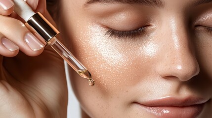 A woman gently applying face serum, hands holding the dropper. for skincare advertising.