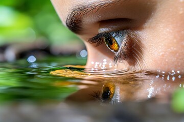 Realistic image of a person staring at their reflection in a pool of water, symbolizing the self as both distinct and part of a greater whole in monism