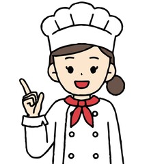 指差しをするパティシエの女性