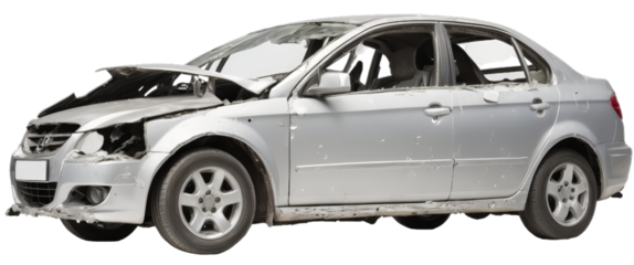 Damaged white car side view on transparent background