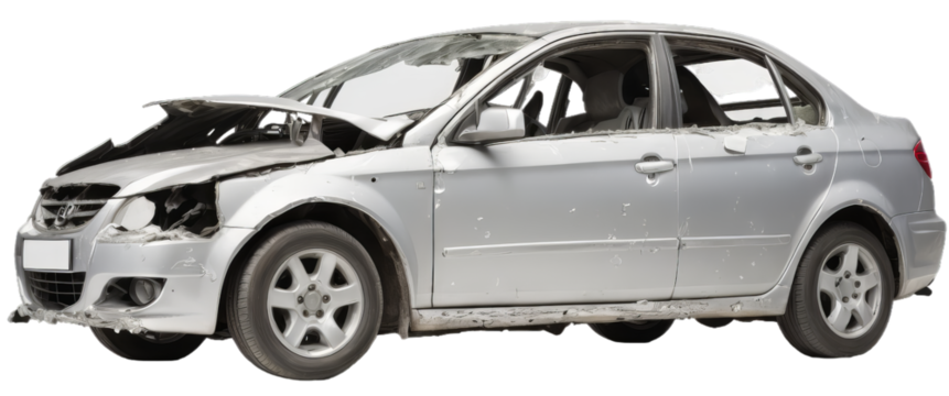 Damaged white car side view on transparent background