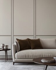 A modern living room with a white sofa, brown throw pillows, and a wooden coffee table.