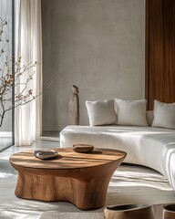A modern living room with a wooden coffee table and a white sofa.