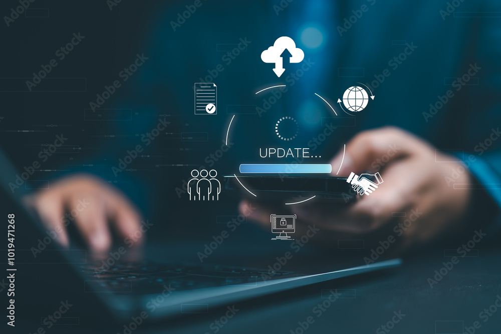 Fototapete Hand hold Smartphone with Update Software Computer Program Upgrade Business Technology Internet, Update on virtual screen. Internet and technology concept, loading bar with installing the update.