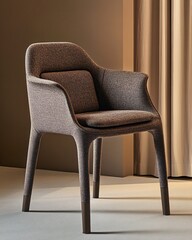 Obraz premium A modern upholstered armchair with a brown fabric seat and back, with wooden legs, stands against a brown wall with a brown curtain.