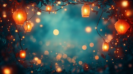 Glowing Lanterns and Twinkling Lights Hanging in a Forest at Night