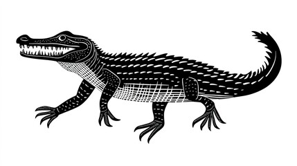 Fototapeta premium Minimalistic Black and White Illustration of a Crocodile or Alligator, Stylized Design with Elongated Body, Curved Tail, Sharp Teeth, and Textured Skin, Bold Line Art
