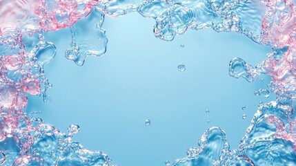 Blue and Pink Water Splashes with Bubbles Forming a Frame