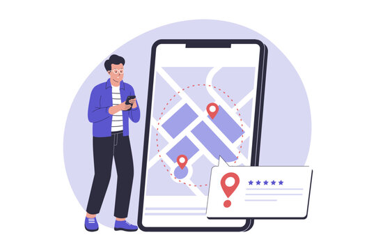 Geofencing as map area boundary for business. Illustration for website, landing page, mobile app, poster and banner. Trendy flat vector illustration