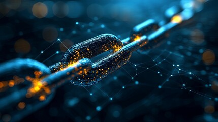 A Close-Up of a Metal Chain with Glowing Particles and a Network of Lines in the Background