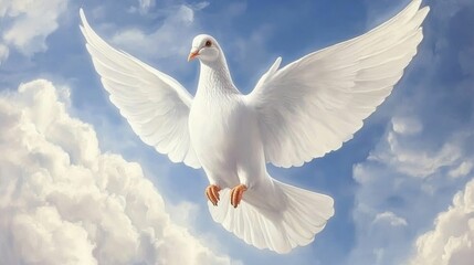 Fototapeta premium A white dove in mid-flight against a bright blue sky with fluffy clouds, symbolizing peace and freedom in a serene setting..