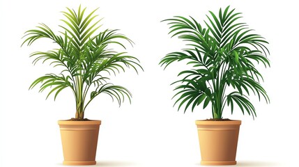 Fototapeta premium Two lush green plants in terracotta pots on a white isolated background.