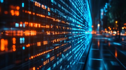 Obraz premium Digital Code Display with Blurry Cityscape Background