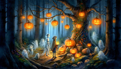 fantasy halloween - fantasy forest ghost, kids and robot friends