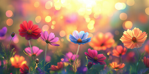 Colorful flower cosmos meadow with sunbeams and bokeh lights banner wildflowers