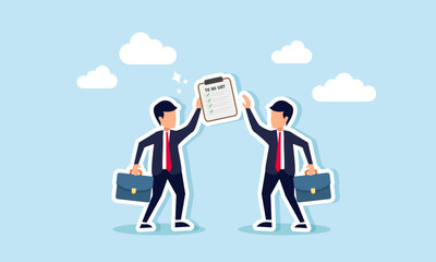 A businessman hands over a to-do list to another, illustrating the transition of tasks to a new employee or company leader.