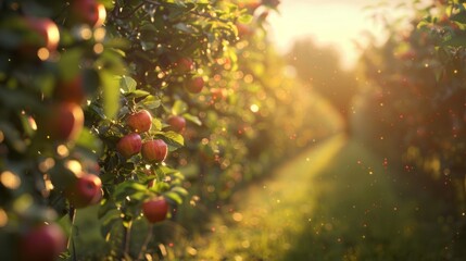 The background shows out of focus apple trees and a long hedgerow.