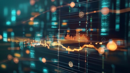 Fototapeta premium Abstract data visualization with glowing graphs on digital background.