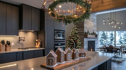  open-concept kitchen with sleek countertops displaying gingerbread houses and a suspended wreath chandelier made of copper wire and tiny LED lights.