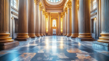 Obraz premium Grand interior of a classical building with tall columns and light.