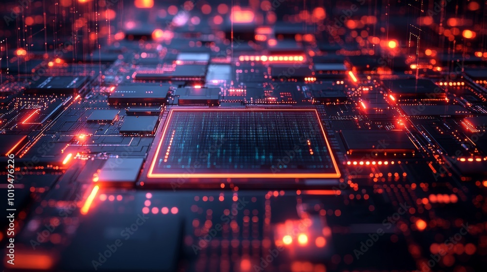 Poster futuristic circuit board with glowing red lines and a blue screen displaying code